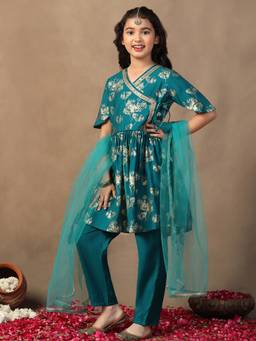 FASHION DREAM - Teal Silk Blend Floral Printed Kurta Salwar With Dupatta