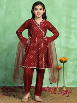 FASHION DREAM - Maroon Silk Blend Printed Polka Dot Salwar Suit Set With Dupatta