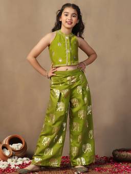 FASHION DREAM - Olive Silk Blend Foil Printed Top With Palazzo