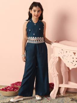 FASHION DREAM - Navy Blue Dark Blue Silk Blend Embroidered Crop Top Palazzo