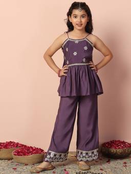 FASHION DREAM - Purple Silk Blend Floral Embroidered Peplum Top Palazzo