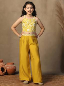 FASHION DREAM - Yellow Mustard Silk Blend Floral Embroidered Crop Top Palazzo
