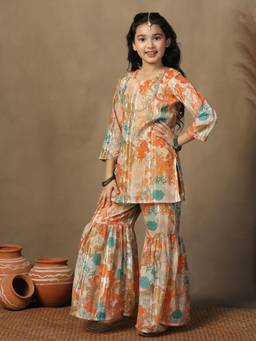 FASHION DREAM - Orange Georgette Floral Printed Kurta With Sharara