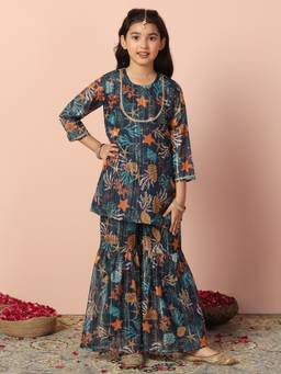 FASHION DREAM - Navy Blue Georgette Floral Printed Kurta With Sharara