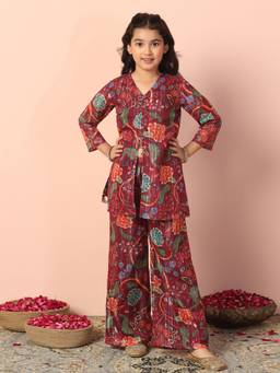 FASHION DREAM - Maroon Georgette Floral Printed Kurta Palazzo
