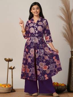 FASHION DREAM - Dark Purple Silk Blend Floral Printed Pattern Kurta Palazzo