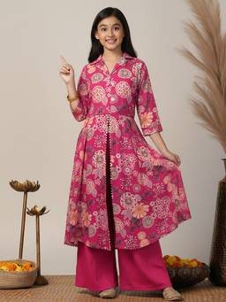 FASHION DREAM - Pink Rani Silk Blend Floral Printed Pattern Kurta Palazzo