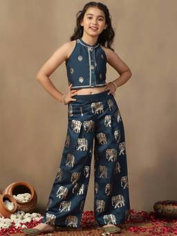 FASHION DREAM - Green Morpich Silk Blend Foil Printed Top With Palazzo