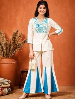 FASHION DREAM - Blue Cotton Blend Embroidered A-Line Kurta And Palazzo