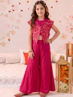 FASHION DREAM - Pink Silk Blend Embroidered Inner Top And Jacket With Palazzo