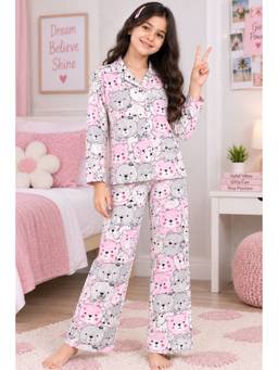 TotzTouch - Pink Printed Full Sleeve Night Shirt With Pyjama