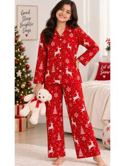TotzTouch - Red Printed Full Sleeve Night Shirt With Pyjama