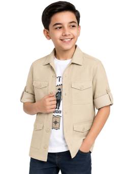 CAVIO - Cream Full Sleeves Multi-Pocket Corduroy Shirt With T-Shirt