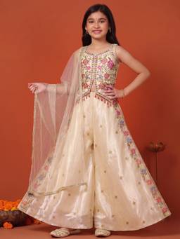FASHION DREAM - Cream Chickoo Silk Blend Embroidered Top And Palazzo With Dupatta
