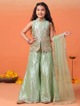FASHION DREAM - Green Pista Silk Blend Bead Embroidered Top And Palazzo With Dupatta