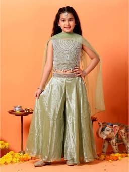 FASHION DREAM - Green Pista Silk Blend Crop Top And Palazzo With Dupatta