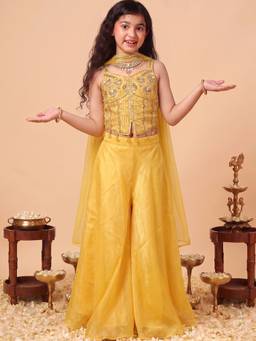 FASHION DREAM - Yellow Silk Blend Crop Top With Inner Top, Palazzo And Dupatta