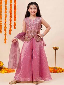FASHION DREAM - Peach Silk Blend Bead Embroidered Top And Palazzo With Dupatta