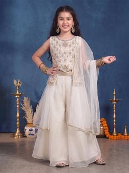 FASHION DREAM - Off White Silk Blend Bead Work Top And Palazzo With Dupatta