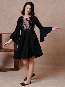 Globus - Women Black Embroidered Yoke Bell Sleeves A-Line Dress