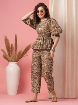 Globus - Women Maroon All-over Printed Co-Ord with Peplum Top & Straight Pant (Set of 2)
