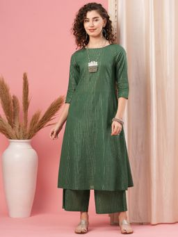 Globus - Women Teal Boat Neck Striped Flared Hem Festive A-Line Kurta & Palazzos Set