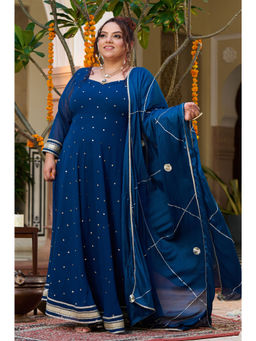 Desi Noor - Plus Size Teal Mukaish Embroidered Anarkali With Dupatta