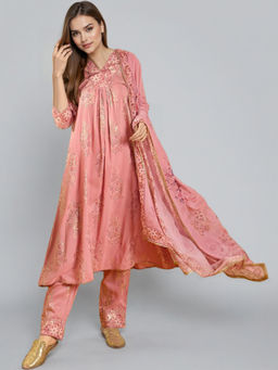 Ahalyaa - Women Pink Ethnic Printed Pleated Kurta with Pant & Dupatta