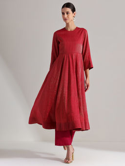Pink Fort - Chanderi Red Anarkali Kurta with Pant