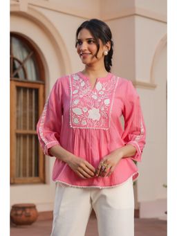 SAVI - Pink Cotton Dobby Applique Top
