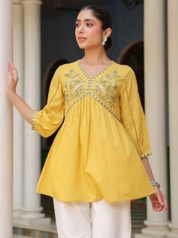 SAVI - Yellow Cotton Embroidered Top