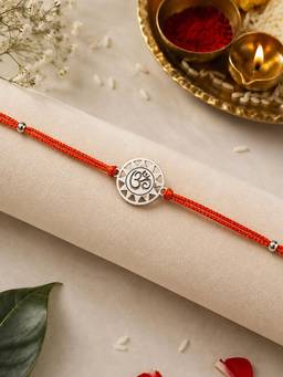 Axora Life - 925 Sterling Silver Om Round Rakhi For Brother With Roli-Chawal