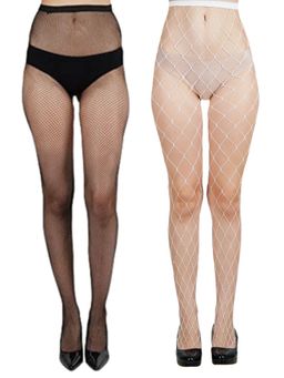 NEXT2SKIN - Women Fishnet Mesh Pantyhose Stockings Black & White, SmallNet-XLargeNet (Pack of 2)