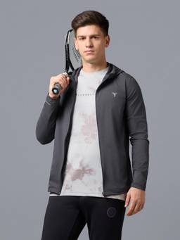 Technosport - Grey Solid Slim Fit Hooded Sports Jacket with Ts Flexi