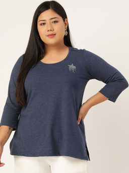 theRebelinme - Plus Size Womens Melange Blue Solid Color Round Neck Cotton 3/4th Sleeve T-Shirt