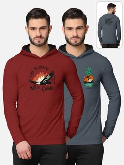 BULLMER - Printed Full Sleeve Hooded T-shirt For Men Red And Grey (Pack of 2)