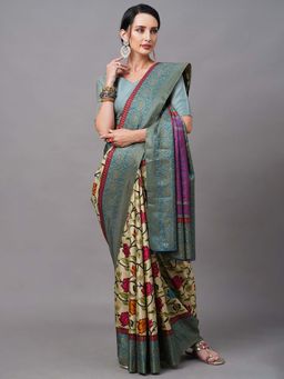 Akhilam - Women Manipuri Silk Cream Printed Designer Saree with Unstitched Blouse