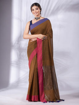 CHARUKRITI - Peanut Brown Pure Cotton Handwoven Soft Saree & Zari Pallu with Unstitched Blouse
