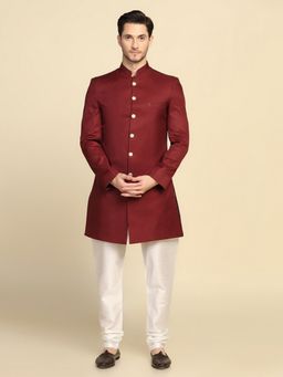 TAHVO - Indo Solid Maroon Sherwani with Pyjama