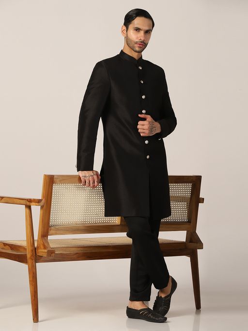 TAHVO Imperial Solid Black Sherwani with Pant