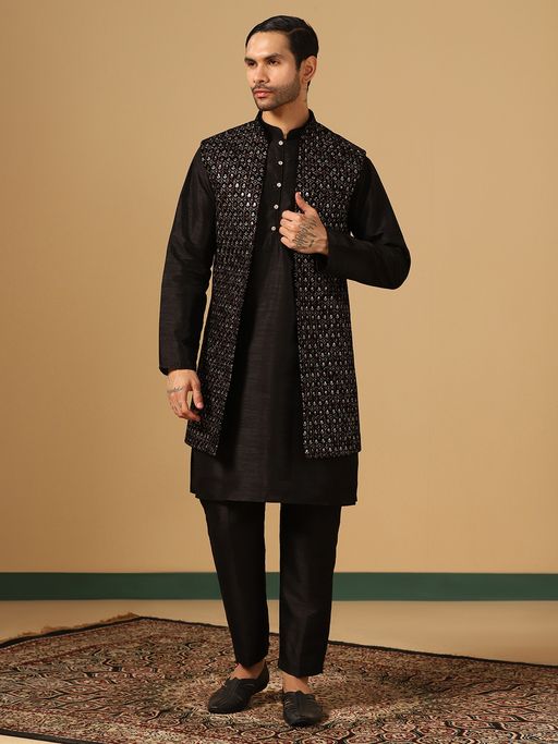 TAHVO Embroidered Work Black Kurta with Pant and Sherwani
