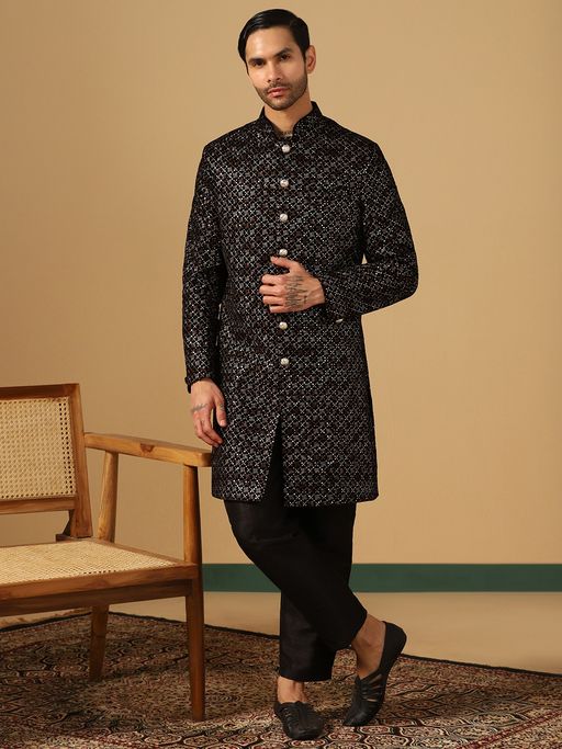 TAHVO Mens Indowestern Embellished Black Sherwani with Pant