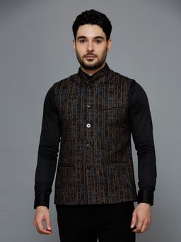 ESSAS club - Brown Mandarin Neck Printed Nehru Jacket