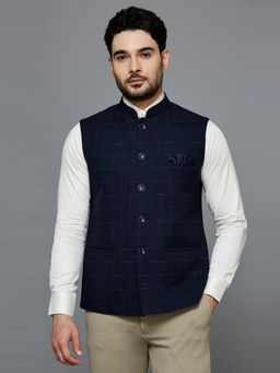 ESSAS club - Navy Blue Mandarin Neck Checks Nehru Jacket