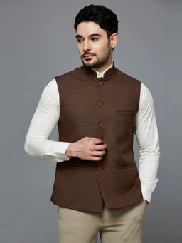 ESSAS club - Brown Mandarin Neck Textured Nehru Jacket