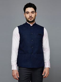 ESSAS club - Navy Blue Mandarin Neck Printed Nehru Jacket