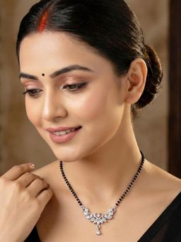 LUCKY JEWELLERY - Silver-Toned Cz Heart Drop Mangalsutra Necklace For Women (110-K4Ma-2244-S)