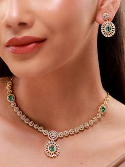 Voylla - Gold Elegance Emerald Halo Cz Necklace Set