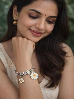 JEWELZ - Silver-Toned Floral Charm Cuff Bracelet For Women