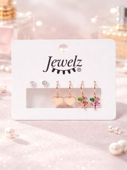 JEWELZ - Trendy Gold Heart And Flower Earrings Pack Of 3